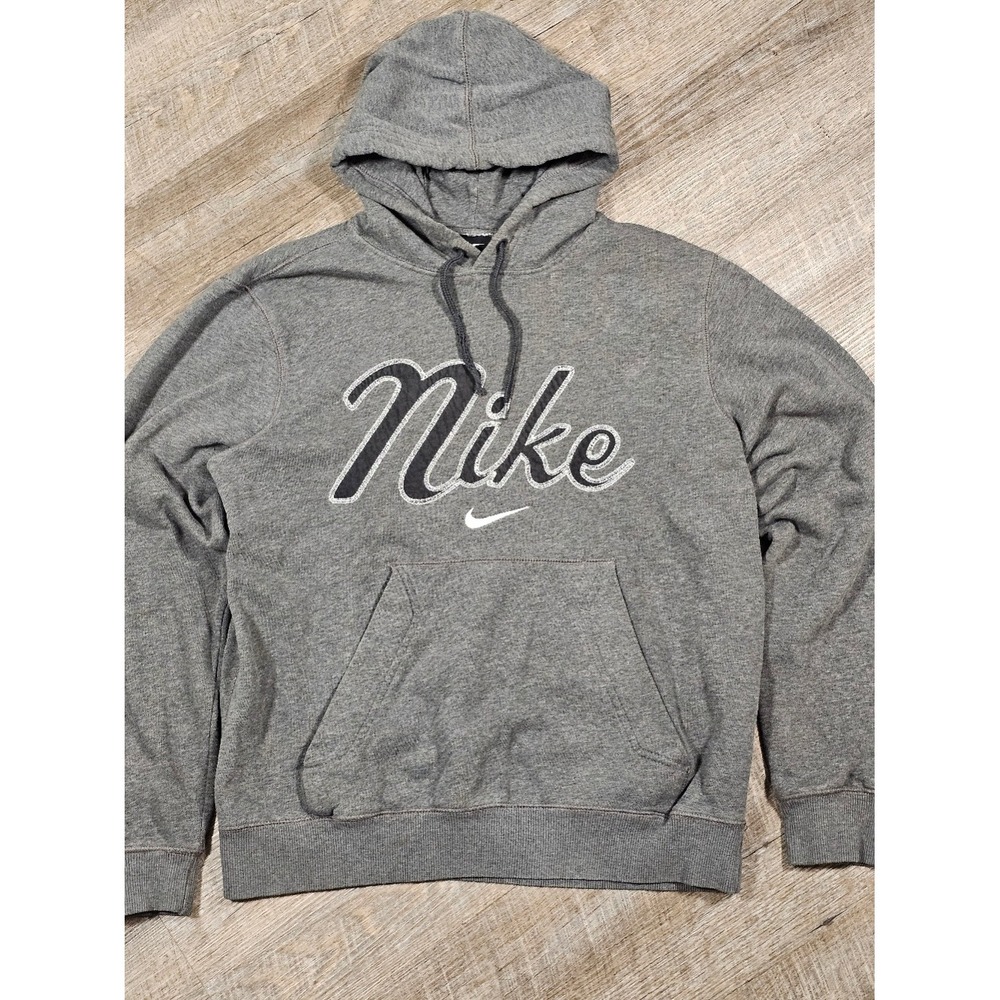 Nike Mens Script Logo Pullover Hoodie Gray Fleece Sweatshirt Medium